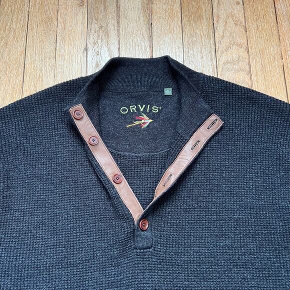 Orvis Waffle Knit Merino Wool Sweater 1/4 Button Front Men's Size XL Charcoal - Picture 3 of 10